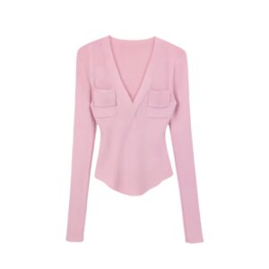 V-Neck Simple Pink Long Sleeve